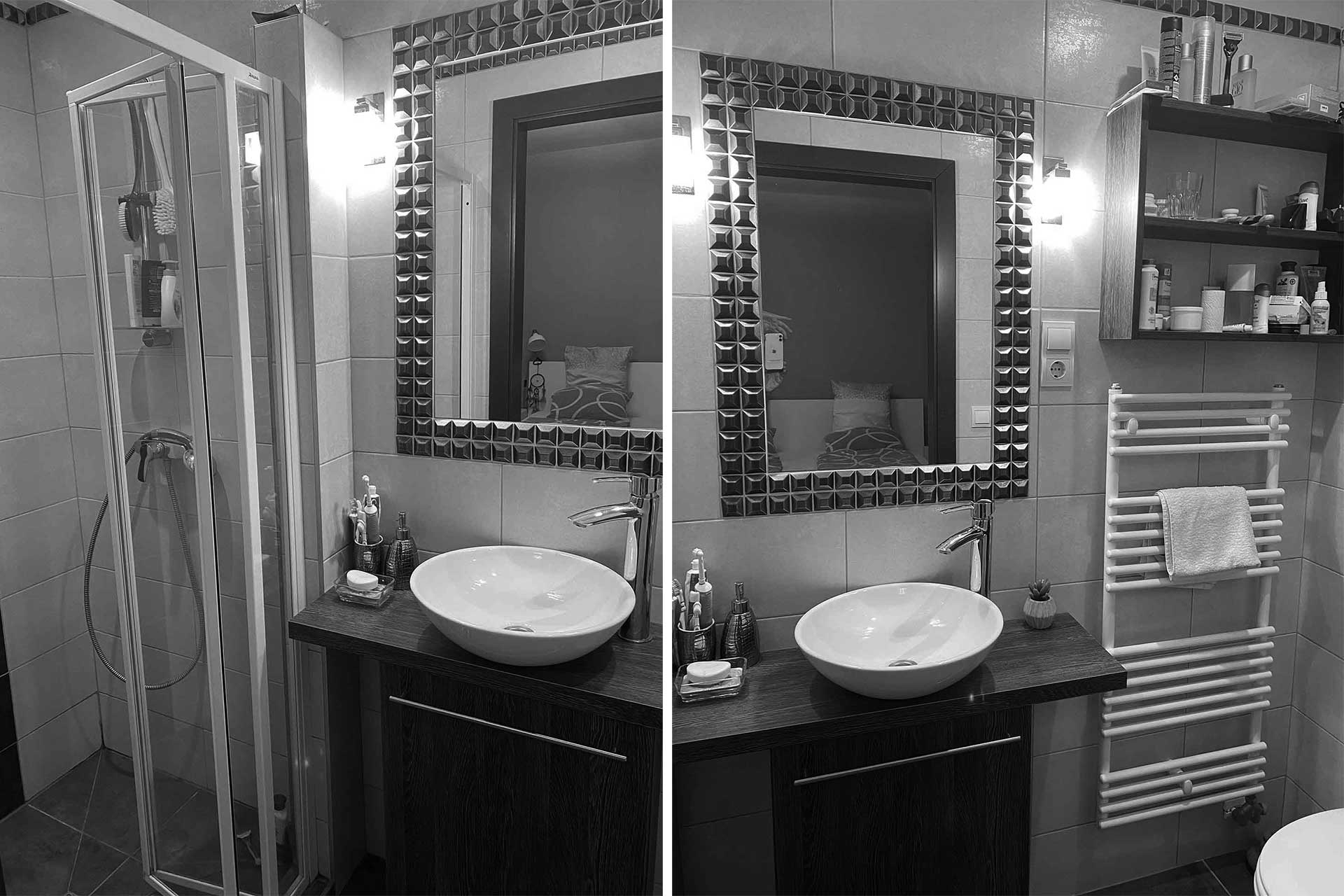 A képen, a panorámás lakóház egyik modern fürdőszobája látható.